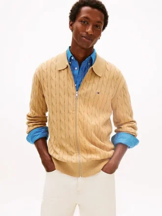 Cardigan polo zippé en maille torsadée