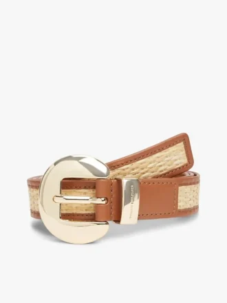 Ceinture en cuir et raphia à boucle ronde