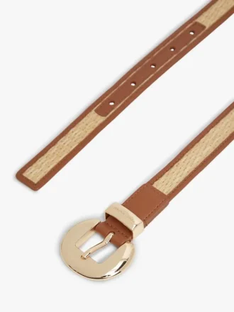 Ceinture en cuir et raphia à boucle ronde