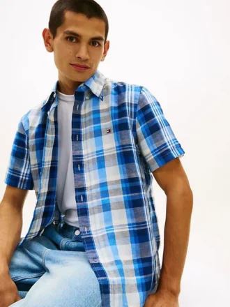 Chemise à carreaux en coton et lin