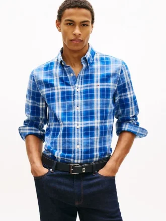 Chemise à carreaux en lin mélangé, coupe classique