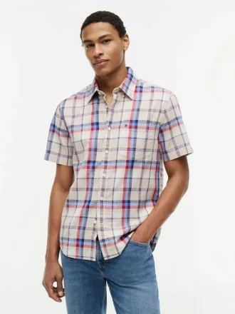 Chemise à carreaux en lin mélangé, coupe classique