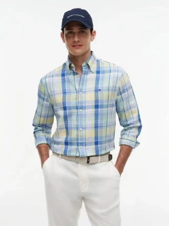 Chemise à carreaux Madras en lin mélangé, coupe classique