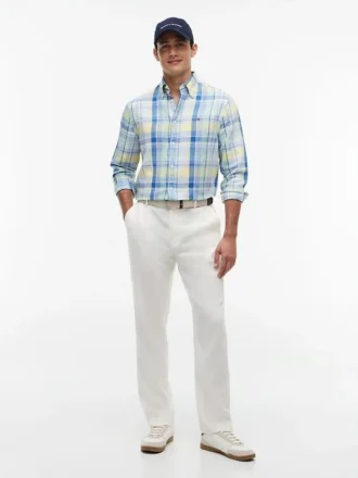 Chemise à carreaux Madras en lin mélangé, coupe classique