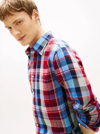 Chemise à carreaux Madras en lin mélangé, coupe classique