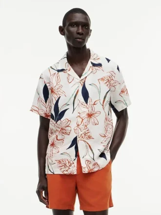 Chemise de camp en lin à fleurs, coupe classique
