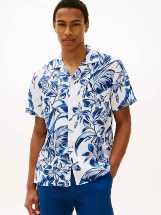 Chemise de camp en lin à imprimé tropical