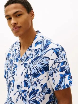 Chemise de camp en lin à imprimé tropical