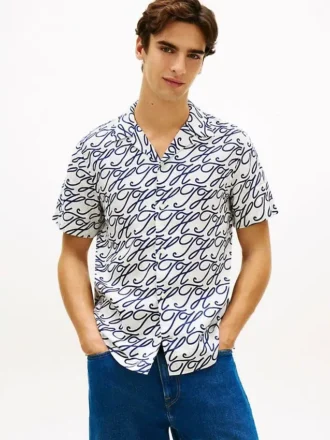 Chemise de camp en lin à monogramme script sur toute la surface
