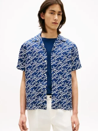Chemise de camp en lin à monogramme script sur toute la surface