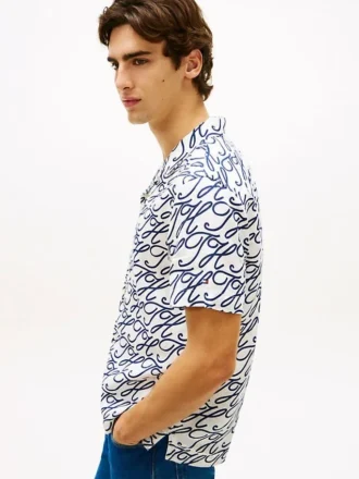 Chemise de camp en lin à monogramme script sur toute la surface