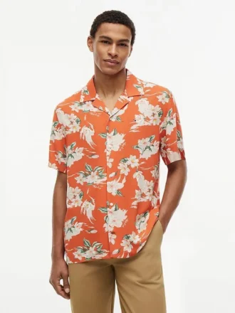 Chemise de camping à coupe classique en lin mélangé à imprimé floral