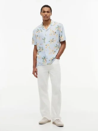 Chemise de camping à coupe classique en lin mélangé à imprimé floral