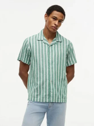Chemise de camping rayée en mélange coton-lin
