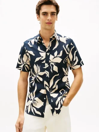 Chemise en coton et lin à imprimé tropical