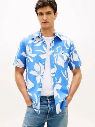 Chemise en coton et lin à imprimé tropical