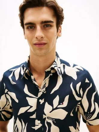 Chemise en coton et lin à imprimé tropical