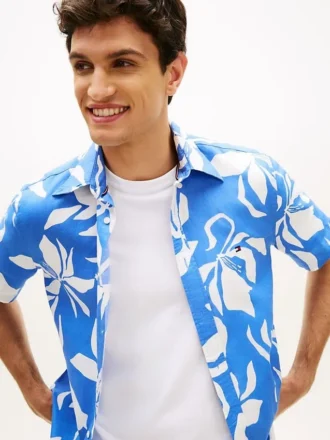 Chemise en coton et lin à imprimé tropical