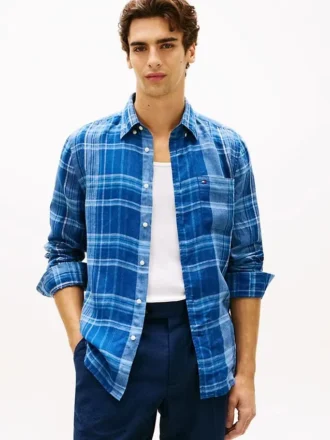 Chemise en lin à carreaux Madras, coupe classique