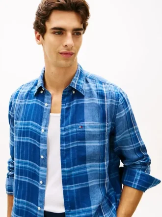 Chemise en lin à carreaux Madras, coupe classique