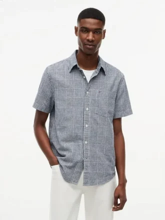 Chemise en lin mélangé à carreaux Glen, coupe classique