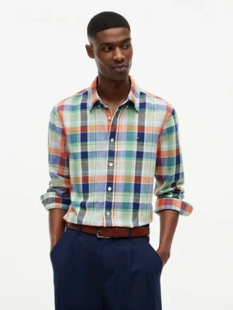 Chemise en lin mélangé Madras, coupe classique
