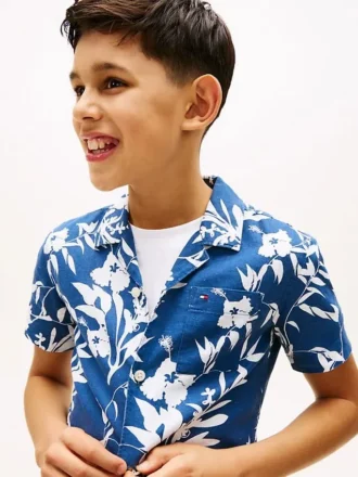 Chemise à fleurs en mélange lin-coton pour enfant