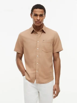 Chemise à manches courtes en lin mélangé, coupe classique
