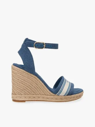Espadrilles à talon compensé en denim avec logo en sangle
