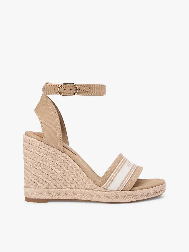 Espadrilles à talon compensé en denim avec logo en sangle Espadrilles à talon compensé en denim avec logo en sangle