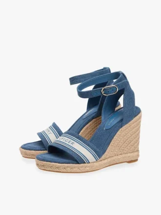 Espadrilles à talon compensé en denim avec logo en sangle