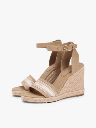 Espadrilles à talon compensé en denim avec logo en sangle Espadrilles à talon compensé en denim avec logo en sangle