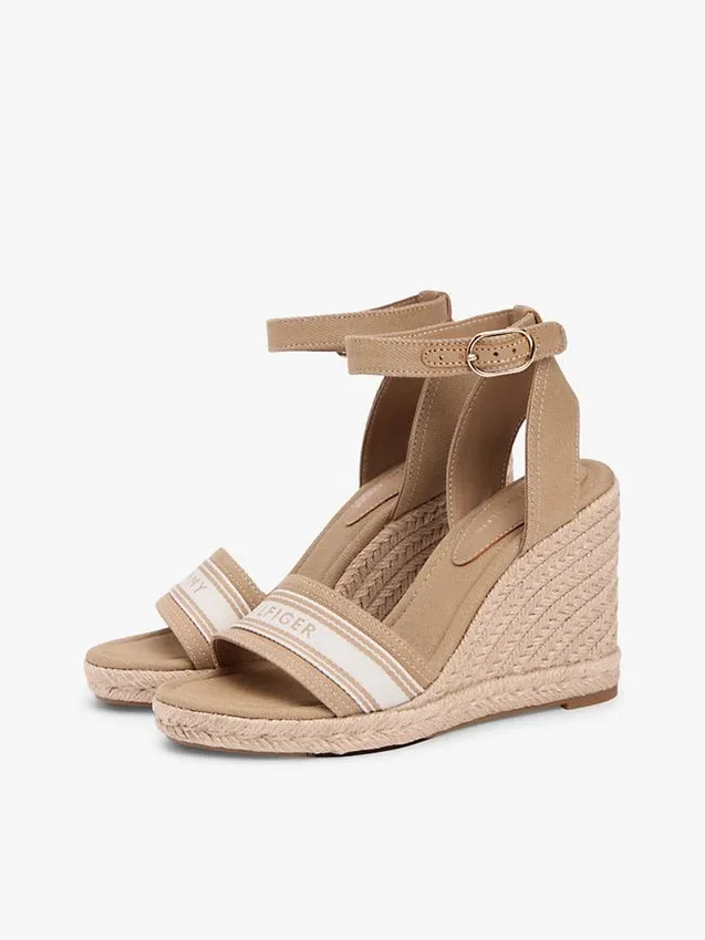 Espadrilles à talon compensé en denim avec logo en sangle Espadrilles à talon compensé en denim avec logo en sangle