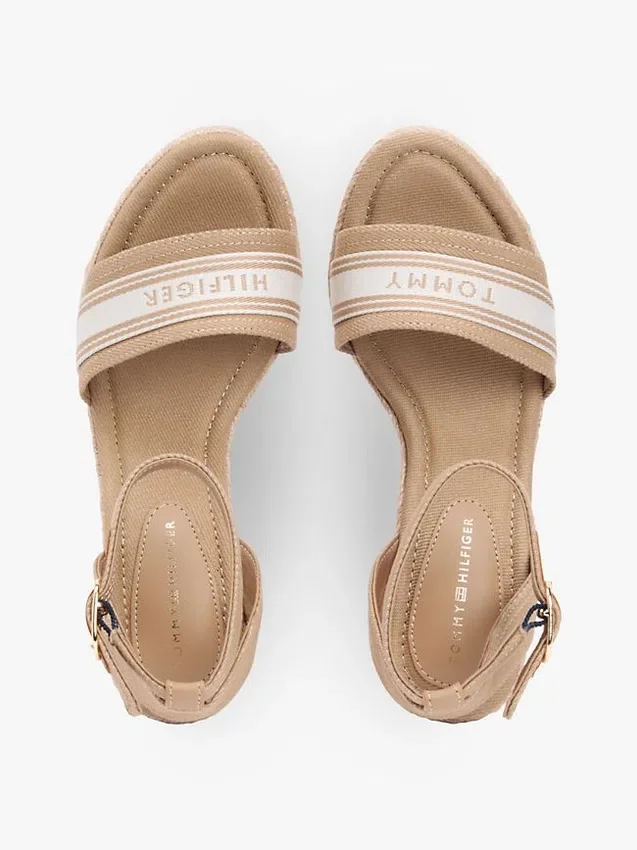 Espadrilles à talon compensé en denim avec logo en sangle Espadrilles à talon compensé en denim avec logo en sangle