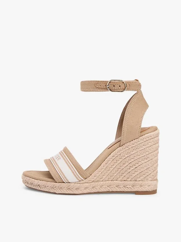 Espadrilles à talon compensé en denim avec logo en sangle Espadrilles à talon compensé en denim avec logo en sangle
