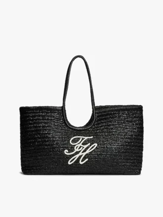 Grand sac fourre-tout en raphia avec monogramme en lettres cursives