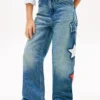 Jeans taille haute à jambes larges avec motif étoiles pour enfants Jeans taille haute à jambes larges avec motif étoiles pour enfants