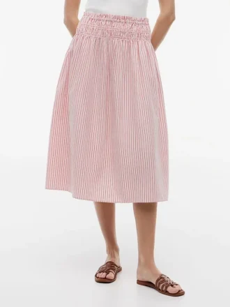 Jupe midi en popeline rayée froncée