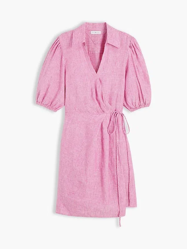 Mini-robe portefeuille en lin rayé Mini-robe portefeuille en lin rayé