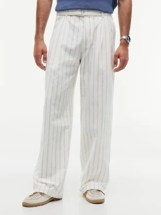 Pantalon en coton et lin rayé avec ceinture Pantalon en coton et lin rayé avec ceinture