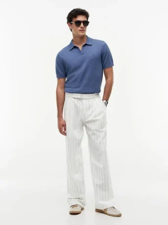 Pantalon en coton et lin rayé avec ceinture Pantalon en coton et lin rayé avec ceinture