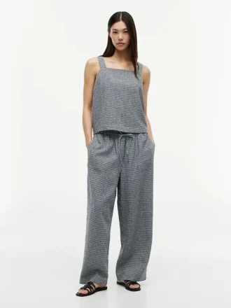 Pantalon à enfiler en lin mélangé à carreaux vichy