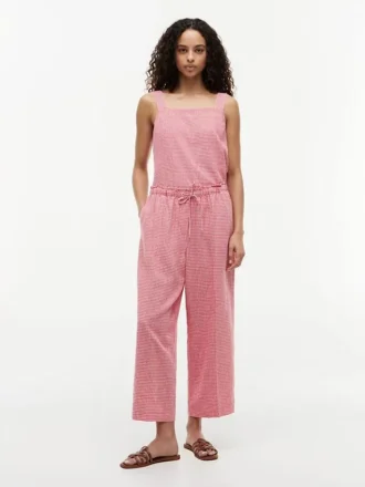 Pantalon à enfiler en lin mélangé à carreaux vichy