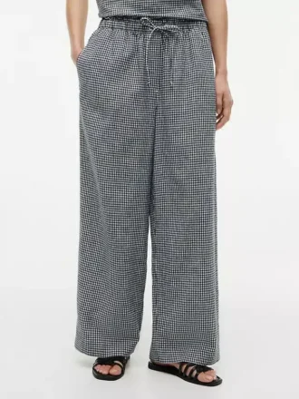 Pantalon à enfiler en lin mélangé à carreaux vichy
