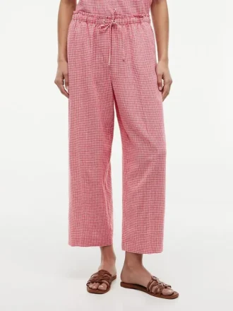 Pantalon à enfiler en lin mélangé à carreaux vichy