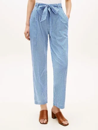Pantalon fuselé en seersucker vichy avec ceinture Pantalon fuselé en seersucker vichy avec ceinture