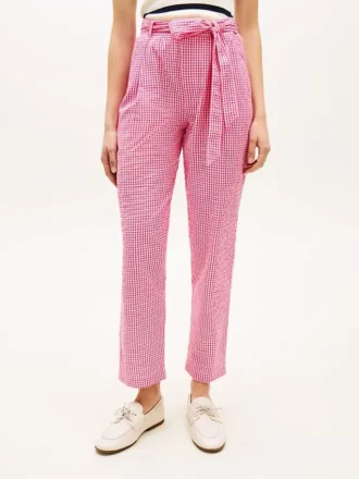 Pantalon fuselé en seersucker vichy avec ceinture
