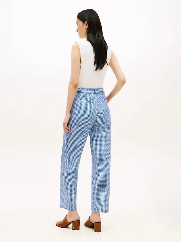Pantalon fuselé en seersucker vichy avec ceinture Pantalon fuselé en seersucker vichy avec ceinture