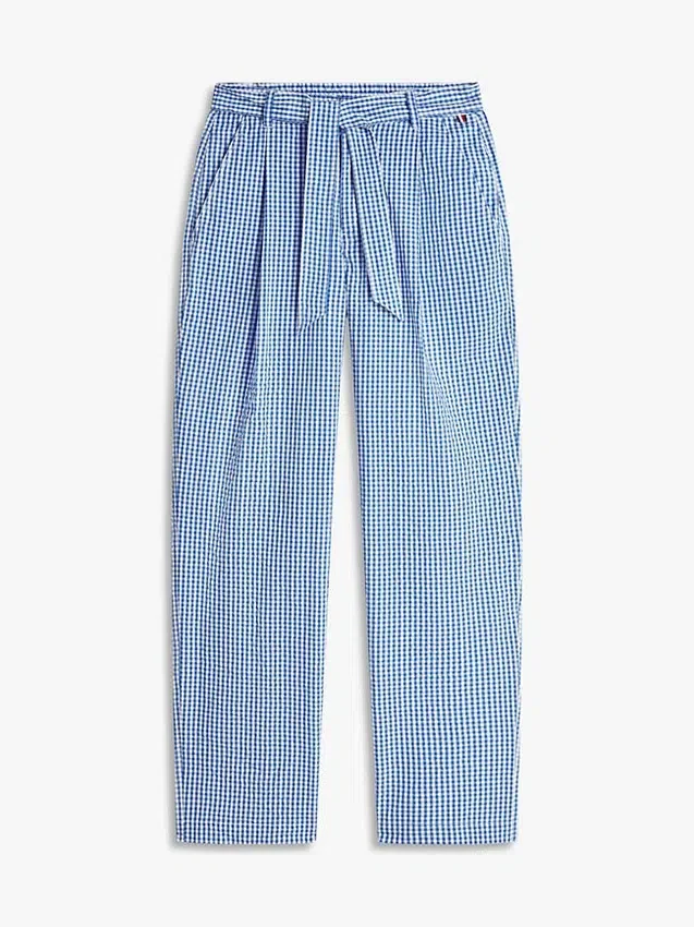 Pantalon fuselé en seersucker vichy avec ceinture Pantalon fuselé en seersucker vichy avec ceinture