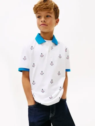 Polo stretch pour enfant avec logo nautique sur toute la surface